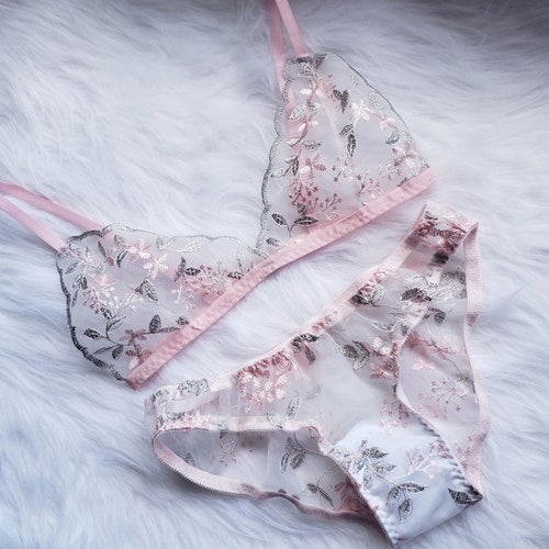 pink blossom lingerie set, embroidered lingerie, sheer lingerie
