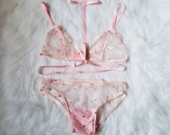 Pink pearl tulle lingerie set