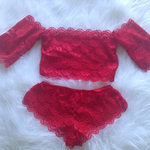 Gigi red lace bandeau crop top bralette lingerie set, red lingerie set, valentines gift for her image 1