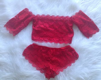 Gigi red lace bandeau crop top bralette lingerie set, red lingerie set, valentines gift for her