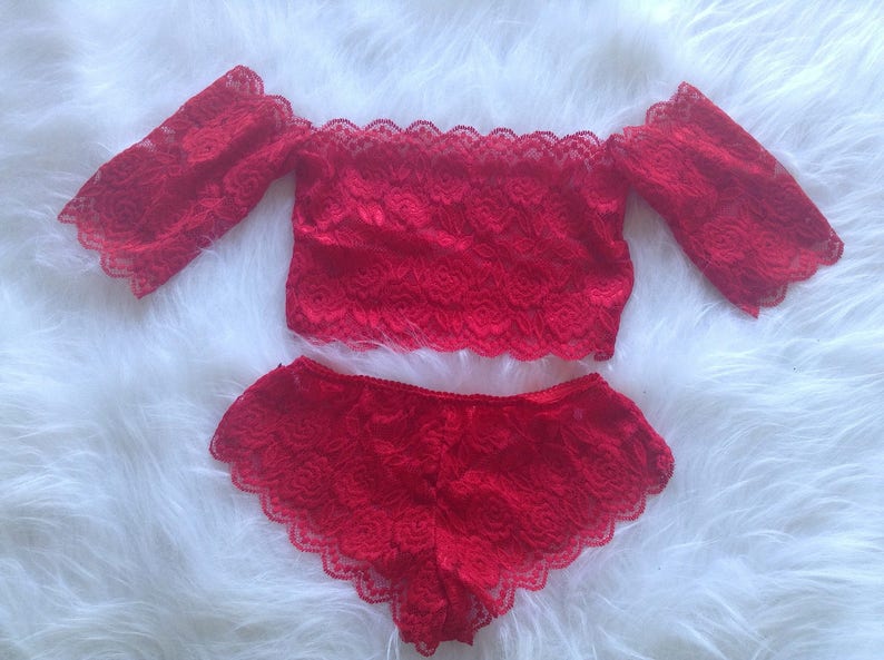 Gigi red lace bandeau crop top bralette lingerie set, red lingerie set, valentines gift for her image 1