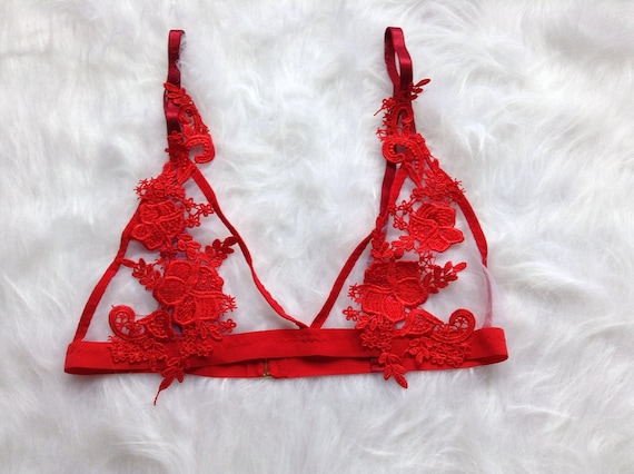 Lace Red Bra, Red Lace Bralette, See Through Bra, Lace Bra See