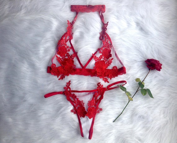 Sara Halterneck Red Lace Lingerie Set, Sheer Lingerie, Red Lingerie, Sexy  Lingerie 