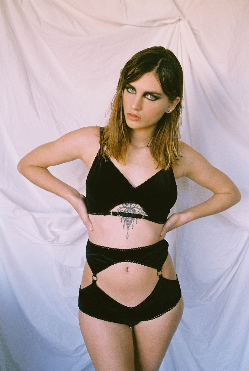 Sabrina Black Velvet Panties Ouvert Panties Cut Out High Waisted