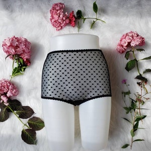 flocked heart mesh panties, high waisted panties, hi rise knickers, pin up panties, see through panties, sheer panties, sexy panties
