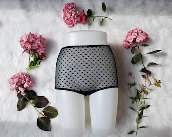 flocked heart mesh panties, high waisted panties, hi rise knickers, pin up panties, see through panties, sheer panties, sexy panties