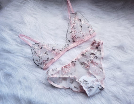 Pink Blossom Lingerie Set, Embroidered Lingerie, Sheer Lingerie -   Canada