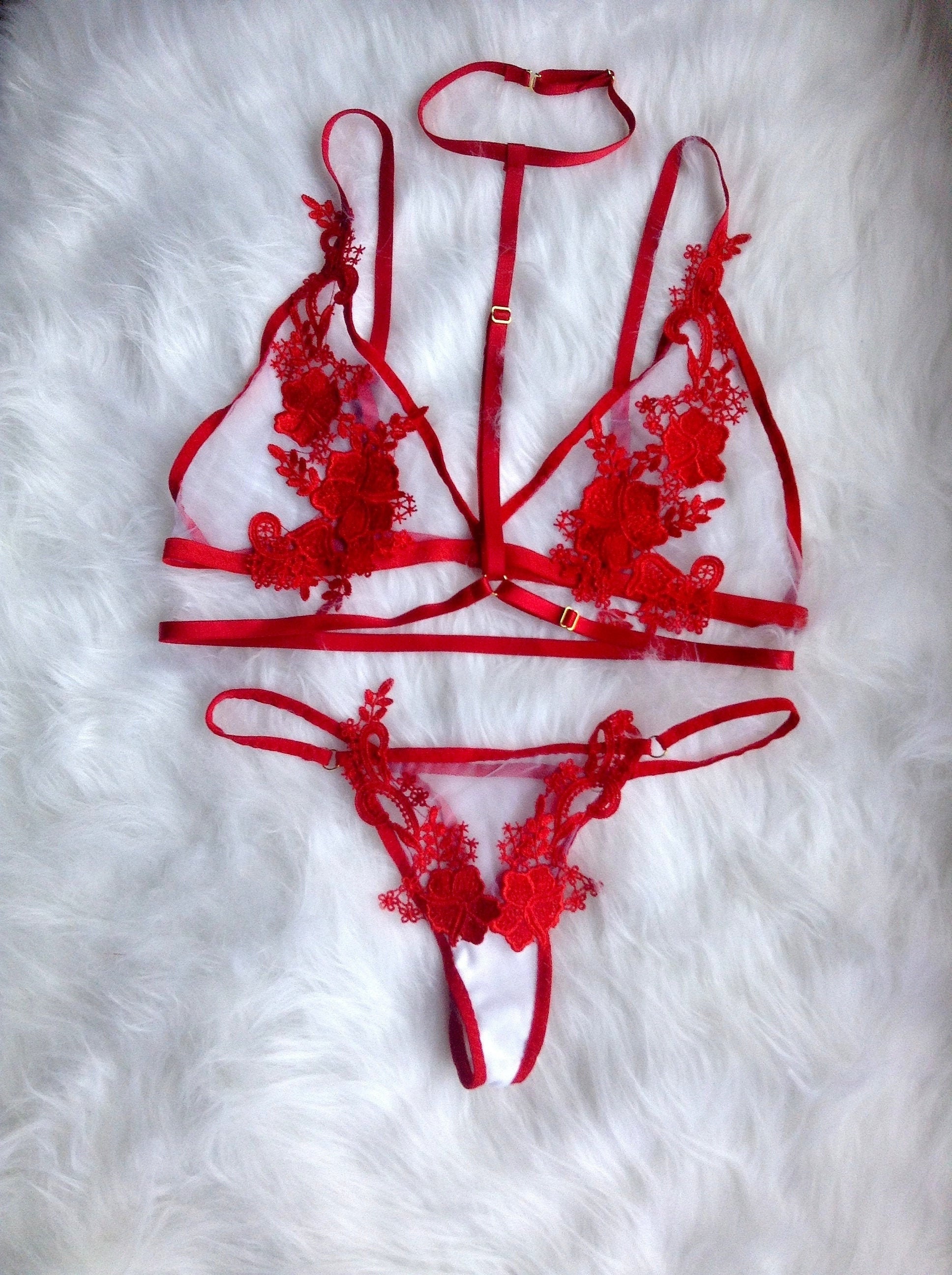 Red Lace Lingerie Sheer Lingerie Set See Through - Etsy