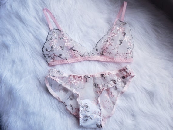 Pink Blossom Lingerie Set, Embroidered Lingerie, Sheer Lingerie 