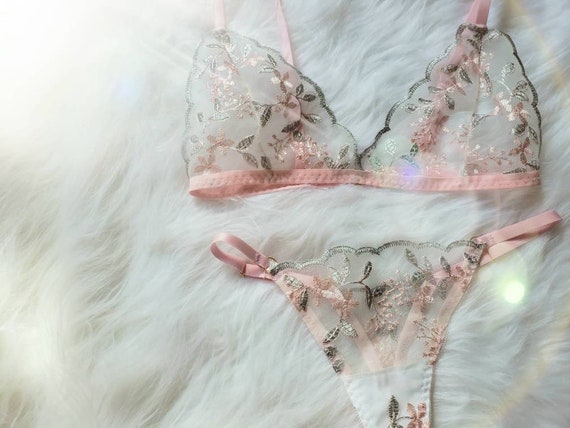 Pink Blossom Lingerie Set, Embroidered Lingerie, Sheer Lingerie 