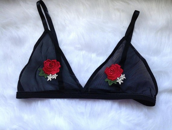 rose applique black mesh bralette