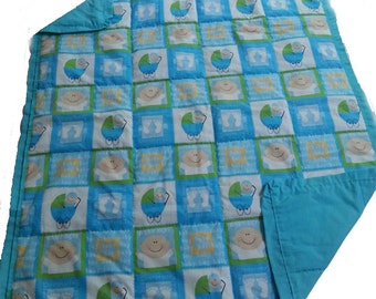 Handcrafted baby quilt, 100% pure cotton - baby boy - baby face print with carriages and baby feet - blue - baby blanket - baby shower