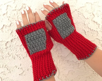 Red fingerless mittens with gray accents