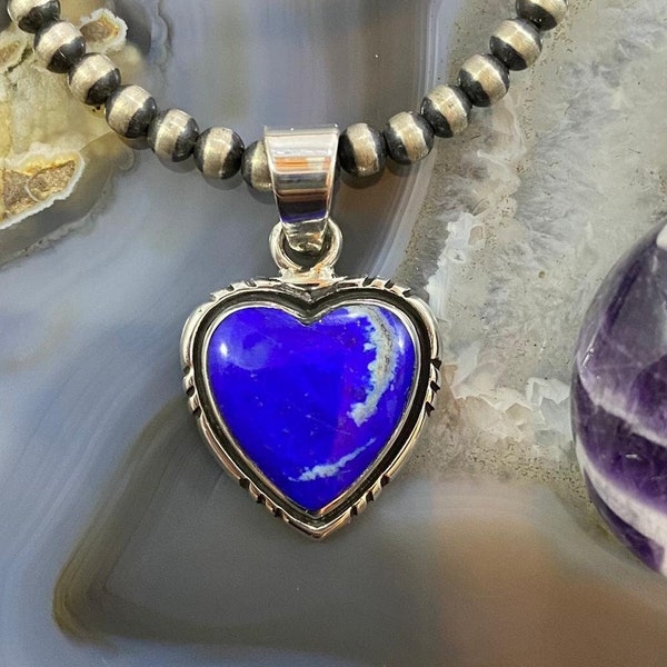 Sterling Silver Lapis Lazuli Heart Stamped Pendant For Women #3, Native American Indian Jewelry, Gift For Mother, Gift For Wife