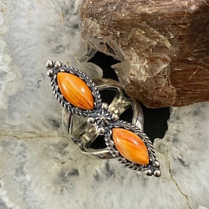 Carolyn Pollack Southwestern Style Sterling Silver 2 Marquise Spiny Oyster Decorated Ring Sizes 5.25 and 6 For Women