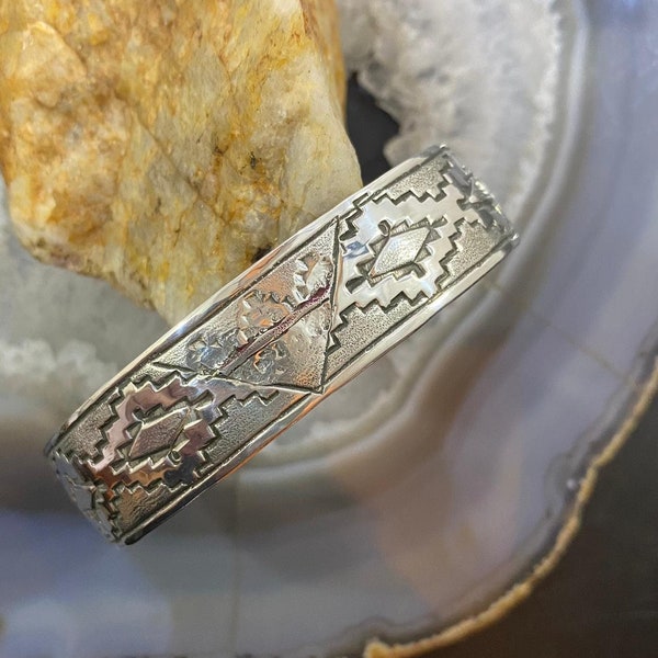 Elgin Hoskey Vintage Southwestern Motif Stamped Sterling Bracelet For Women, Native American Indian Jewelry, Gift For Mother, Gift For Wife