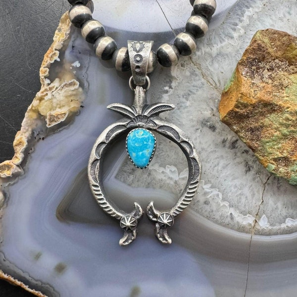 Kevin Billah Sterling Silver Kingman Turquoise Decorated Unisex Naja Pendant #2, Native American Indian Jewelry, Gift For Her, Gift For Him