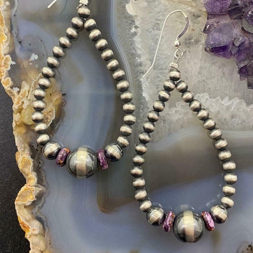 Sterling Silver Navajo Pearl with Purple Spiny Oyster Beads Dangle Earrings For Women, Gift For shops Her