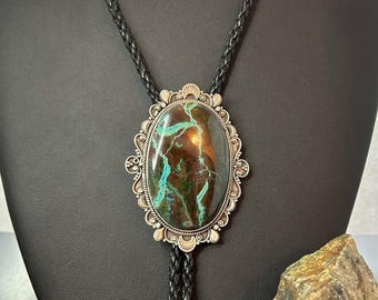 Sterling Silver Southwestern Style Large Chrysocolla Decorated Bolo Tie For Men