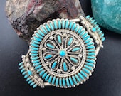 Vintage Silver Cluster Needlepoint Turquoise Bracelet, Signed Terry Loncasion, Bracelet For women, Zuni Native American Indian Jewelry