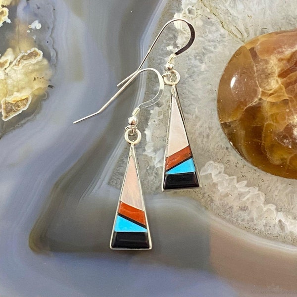 Sheryl Edaakie Sterling Triangle Inlay Dangle Earrings For Women, Zuni Native American Indian Jewelry, Gift For Mother, Gift For Wife