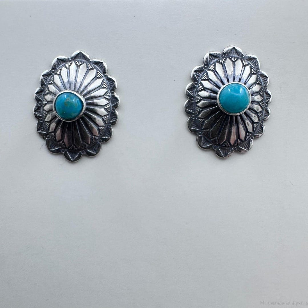 Sterling Silver Repousse Oval Concho With Turquoise Stud Earrings for ...