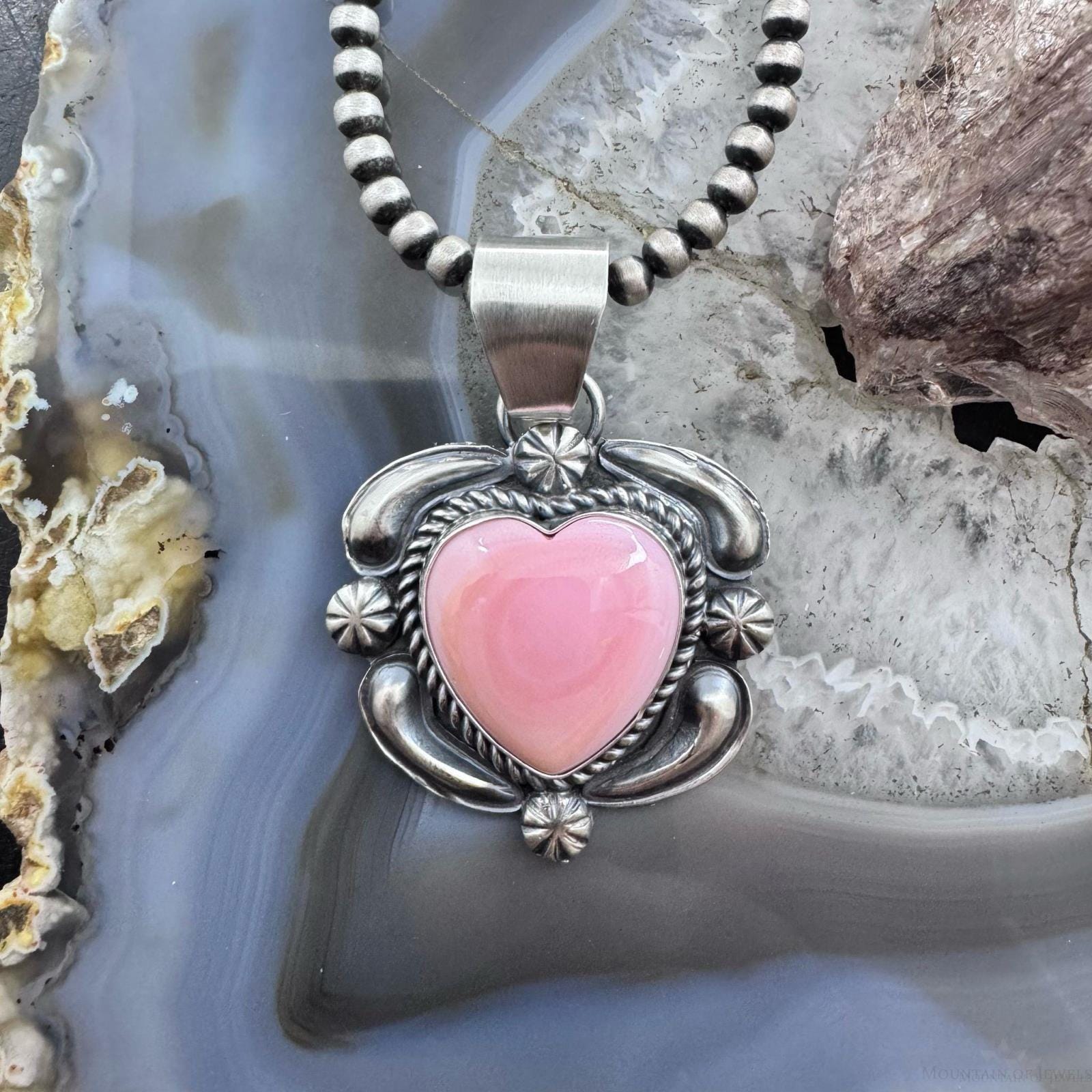 Jeff James Sterling Silver Pink Conch Decorated Heart Pendant