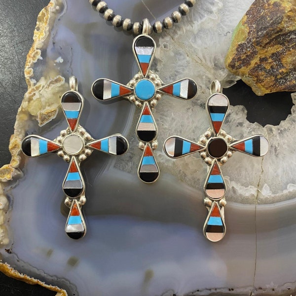 Floenda Lonasee Sterling Silver Multi Stone Inlay Unisex Cross Pendant, Zuni Native American Indian Jewelry, Gift For Her, Gift For Him