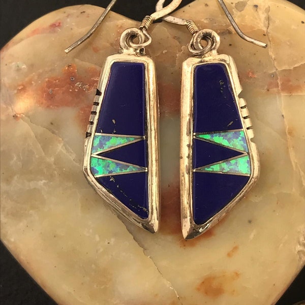 Vintage Lapis and Blue Fire Opal Dangle Earrings~Sterling Silver~Native American