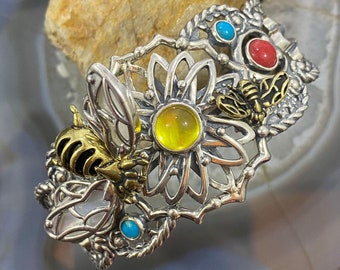 Fritz Casuse Vintage Sterling Silver & Brass Multi Gemstone Bee Bracelet For Women