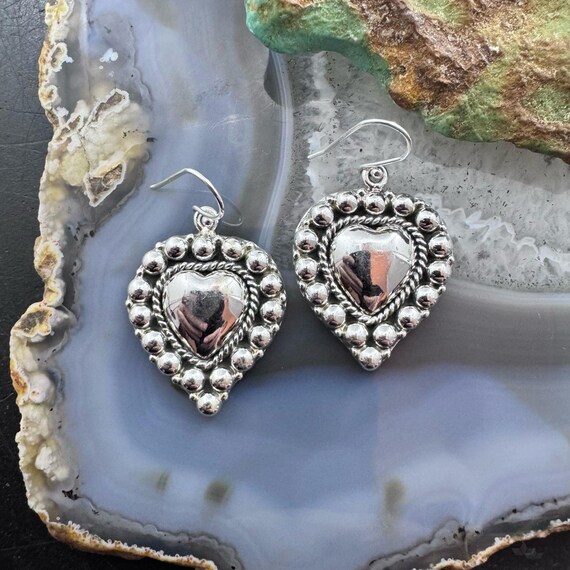 Southwestern Style Sterling Silver Decorated Heart Dangle Earrings