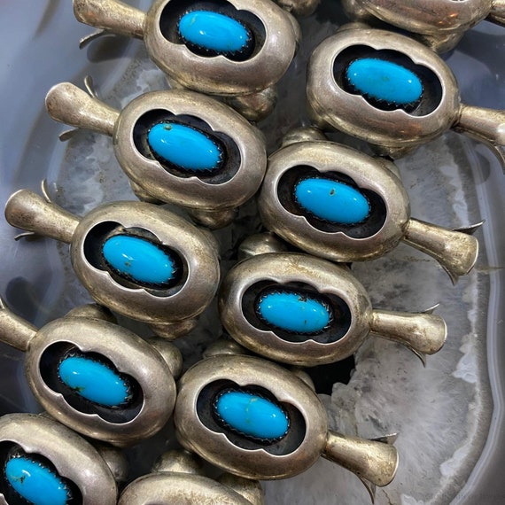 Vintage Signed  Sterling Silver Shadow Box Turquoise Squash Blossom For Women, Native American Indian Jewelry, Gift For Her View 5