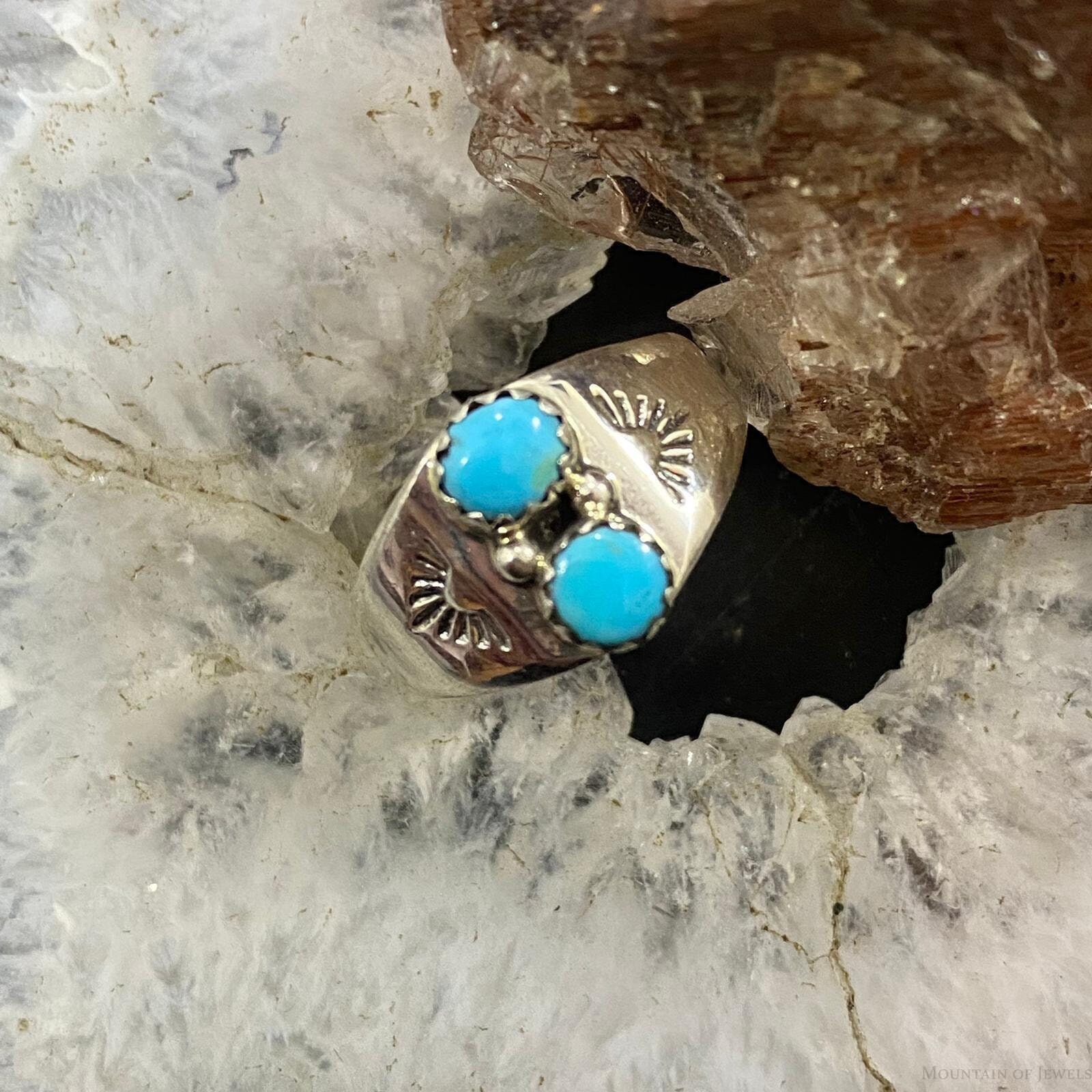 Bague Ancienne En Argent Avec Deux Turquoises - Style Indien - Occasion - Taille Variable