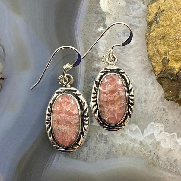 Sterling Silver Oval Rhodochrosite Dangle Earrings For Women, Native American Indian Jewelry, Gift For Mother, Gift For Wife