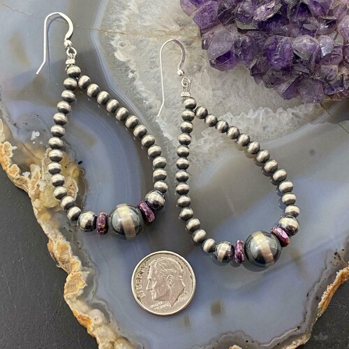 Sterling Silver Navajo Pearl with Purple Spiny Oyster Beads Dangle Earrings For Women, Gift For shops Her