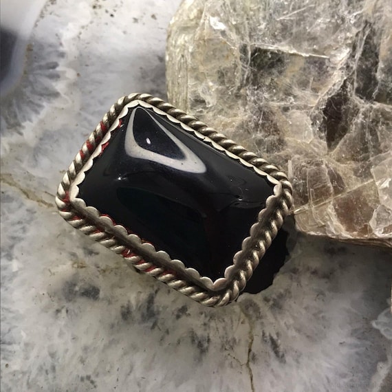 Vintage Silver Rectangle Onyx Split Shank Ring Si… - image 1