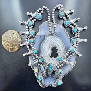 Vintage Silver Kingman Turquoise Squash Blossom Necklace 28" For Women, Native American Indian Jewelry, Gift For Her