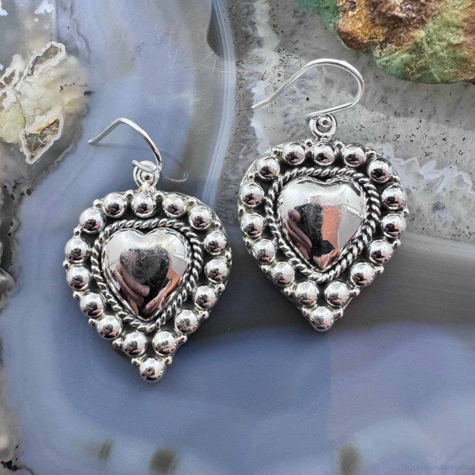 Southwestern Style Sterling Silver Decorated Heart Dangle Earrings