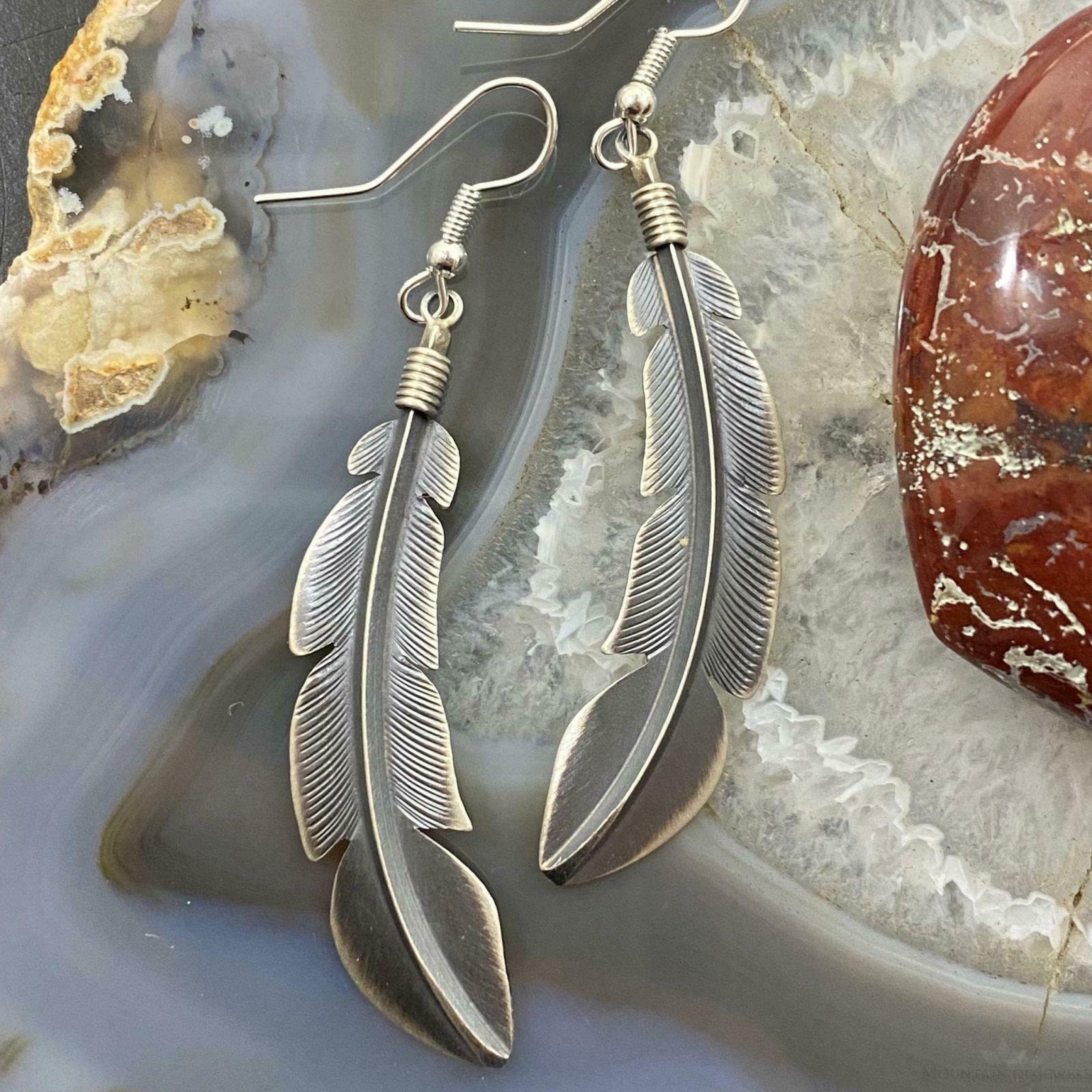Native American Navajo Billy Long Sterling Silver Large Curved Feather Earrings 