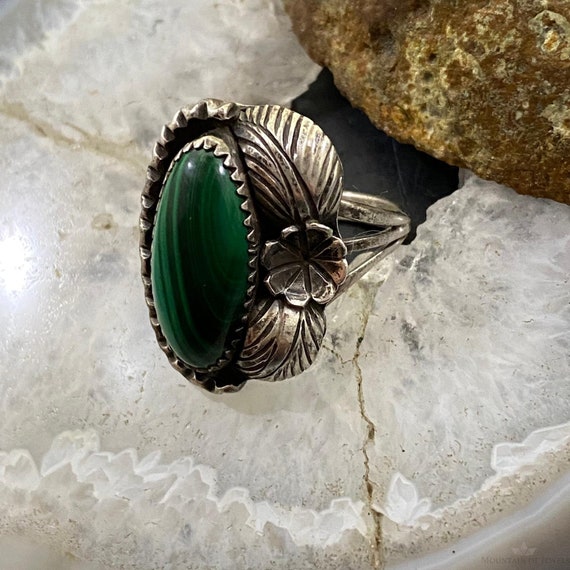 Vintage Silver Oval Malachite Ornate Ring Size 7.… - image 4