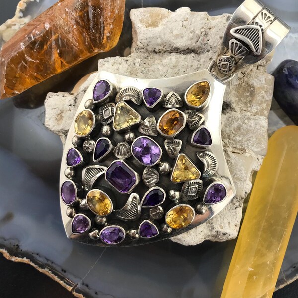 Ray Bennett Sterling Silver Multi Gemstone Pendant, Amethyst and Citrine Pendant Necklace, Navajo Native American Jewelry, Christmas Gift