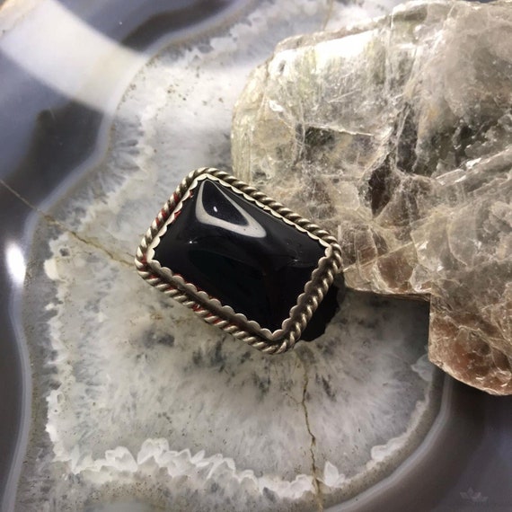 Vintage Silver Rectangle Onyx Split Shank Ring Si… - image 2