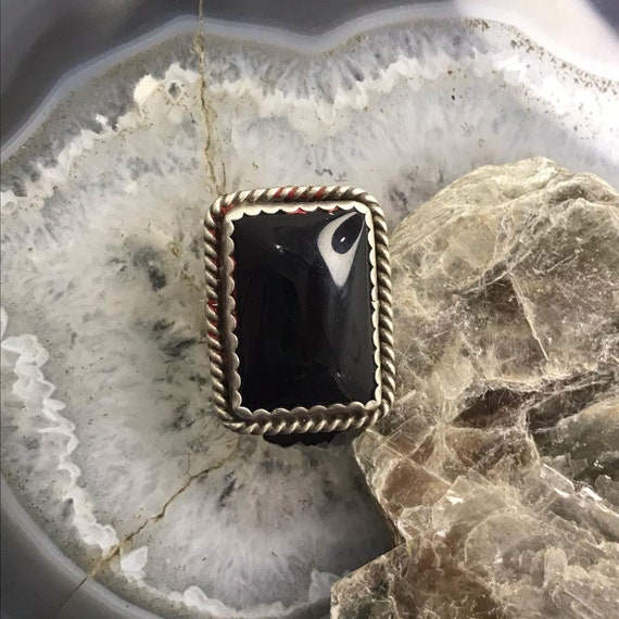 Vintage Silver Rectangle Onyx Split Shank Ring Si… - image 4