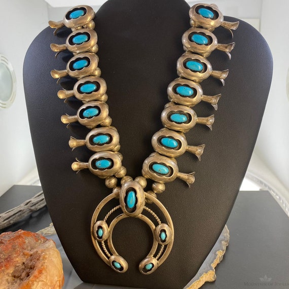 Vintage Signed  Sterling Silver Shadow Box Turquoise Squash Blossom For Women, Native American Indian Jewelry, Gift For Her View 3