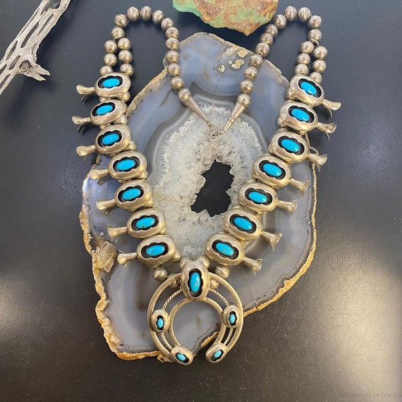 Vintage Signed  Sterling Silver Shadow Box Turquoise Squash Blossom For Women, Native American Indian Jewelry, Gift For Her View 2