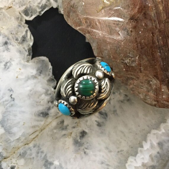 Vintage Sterling Silver Turquoise & Malachite Deco
