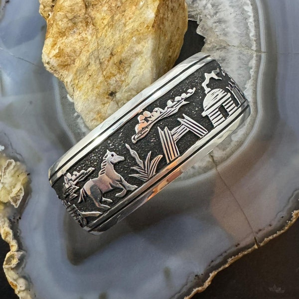 Tommy & Rosita Singer Sterling Silver Overlay Storyteller Unisex Bracelet, Native American Indian Jewelry, Gift For Her, Gift For Him