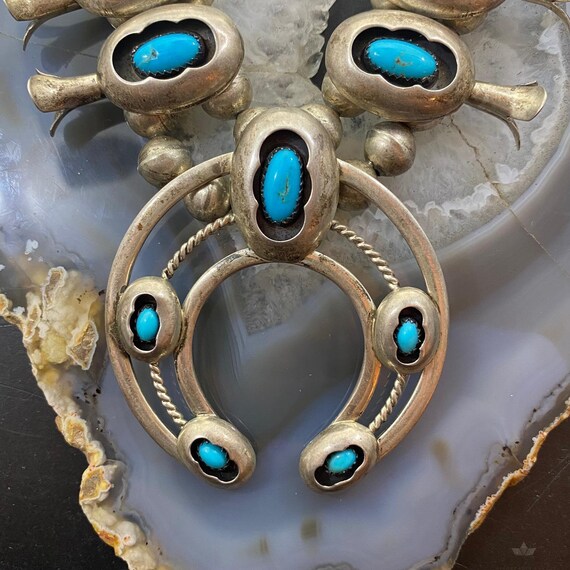 Vintage Signed  Sterling Silver Shadow Box Turquoise Squash Blossom For Women, Native American Indian Jewelry, Gift For Her View 4