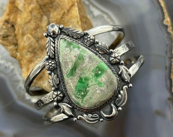 Sterling Silver Southwestern Style Large Teardrop Variscite Bracelet For Women