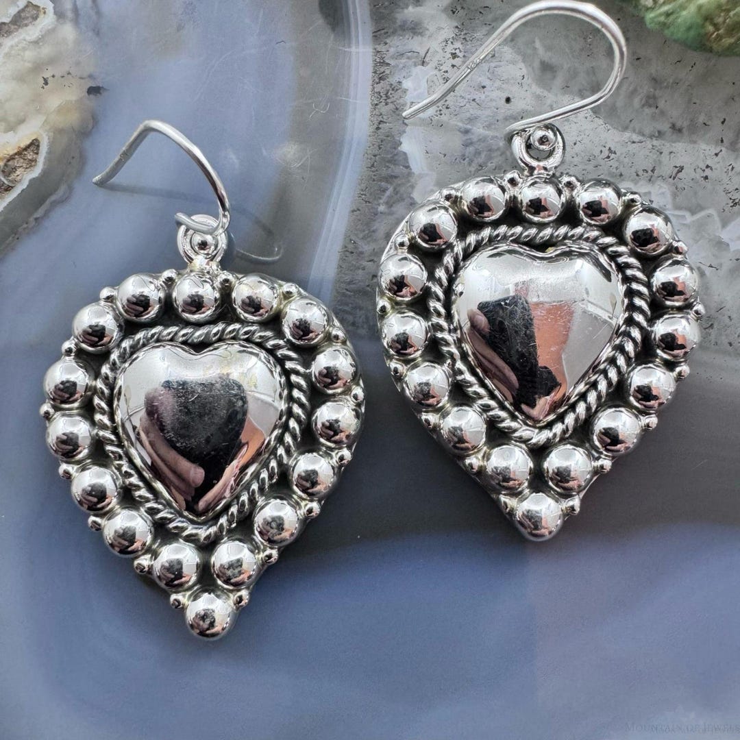 Southwestern Style Sterling Silver Decorated Heart Dangle Earrings